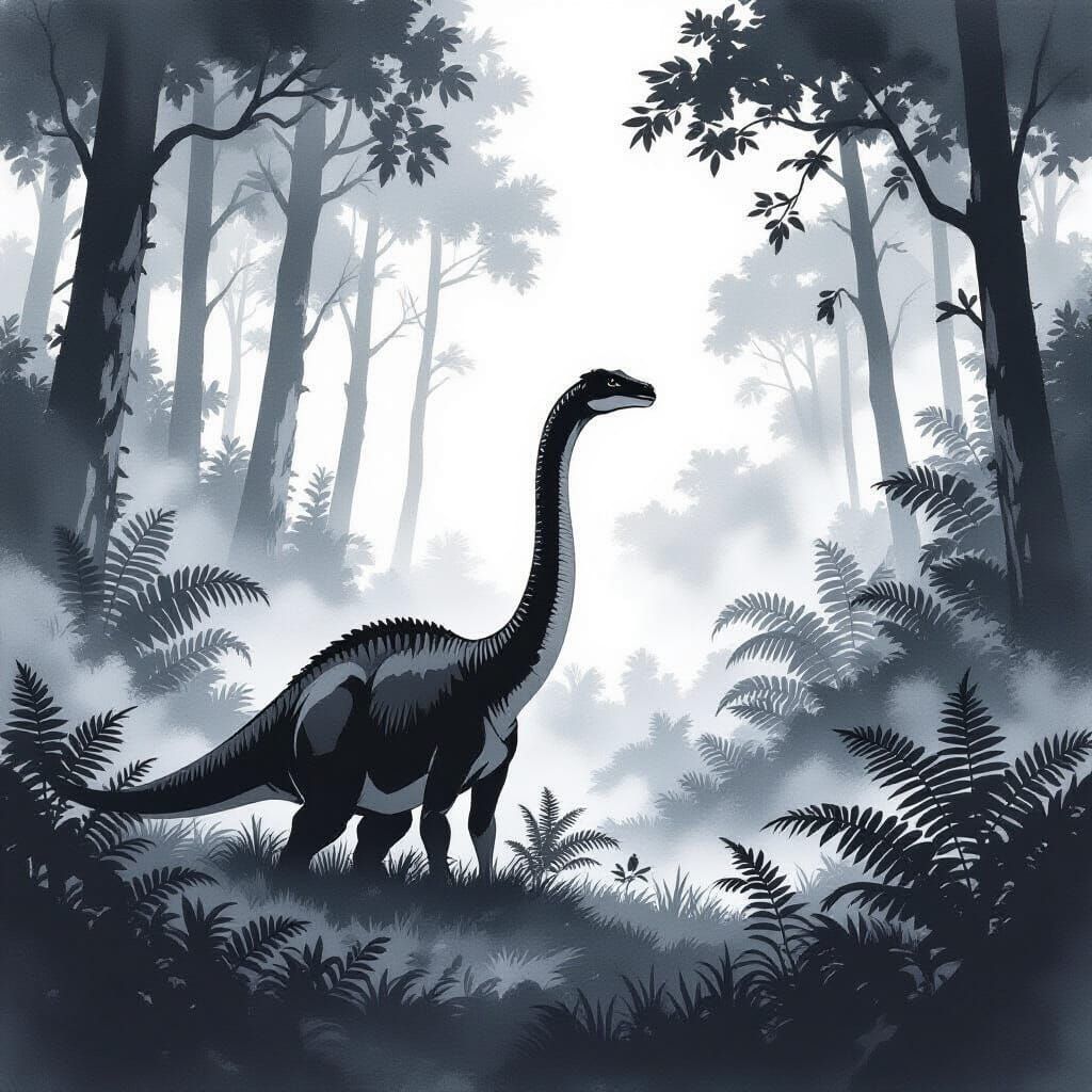 Dinosaur in Jungle as Sumi-e Painting