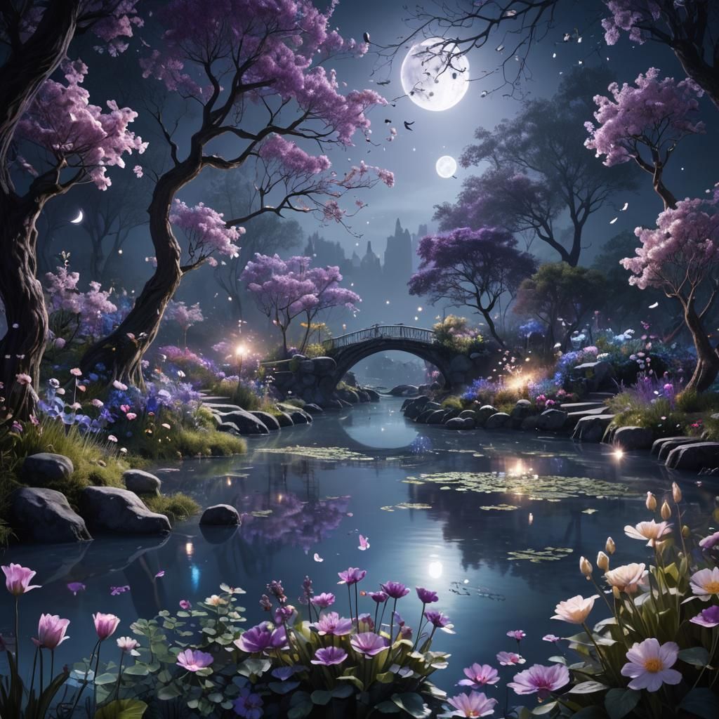 Mystical Garden with Silver River in Moonlight
