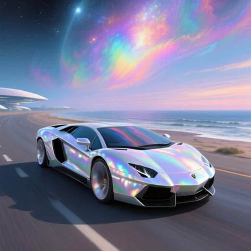 Futuristic Iridescent Sports Car on Coastal Highway