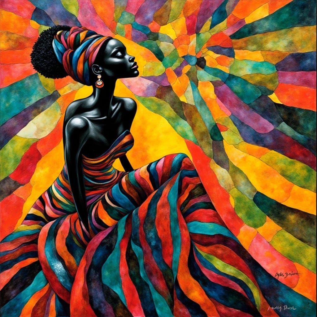 Black Woman in Abstract Landscape with Neon and Ndebele Patt...