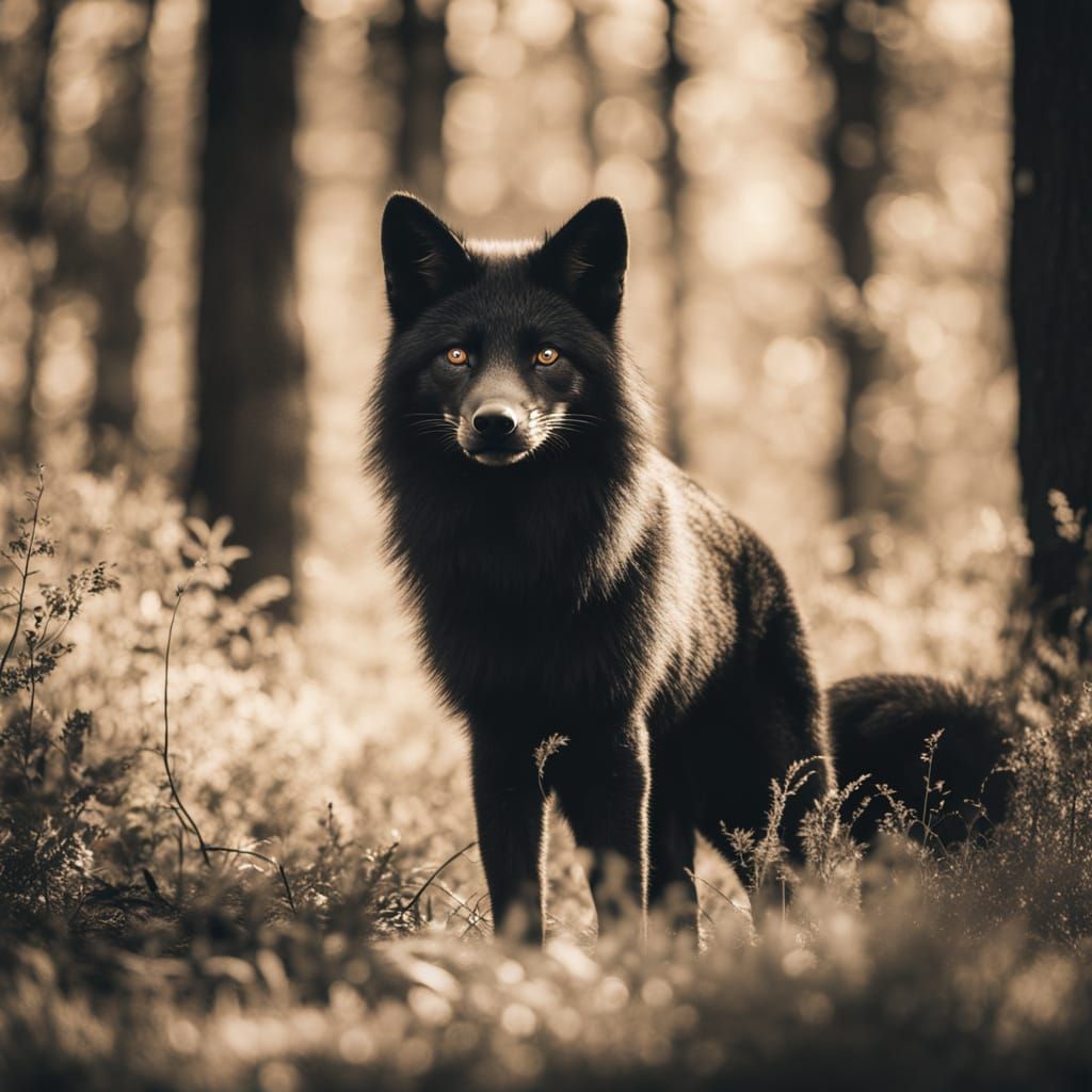 Wilderness Portrait of a Majestic Black Fox in Sepia Tone