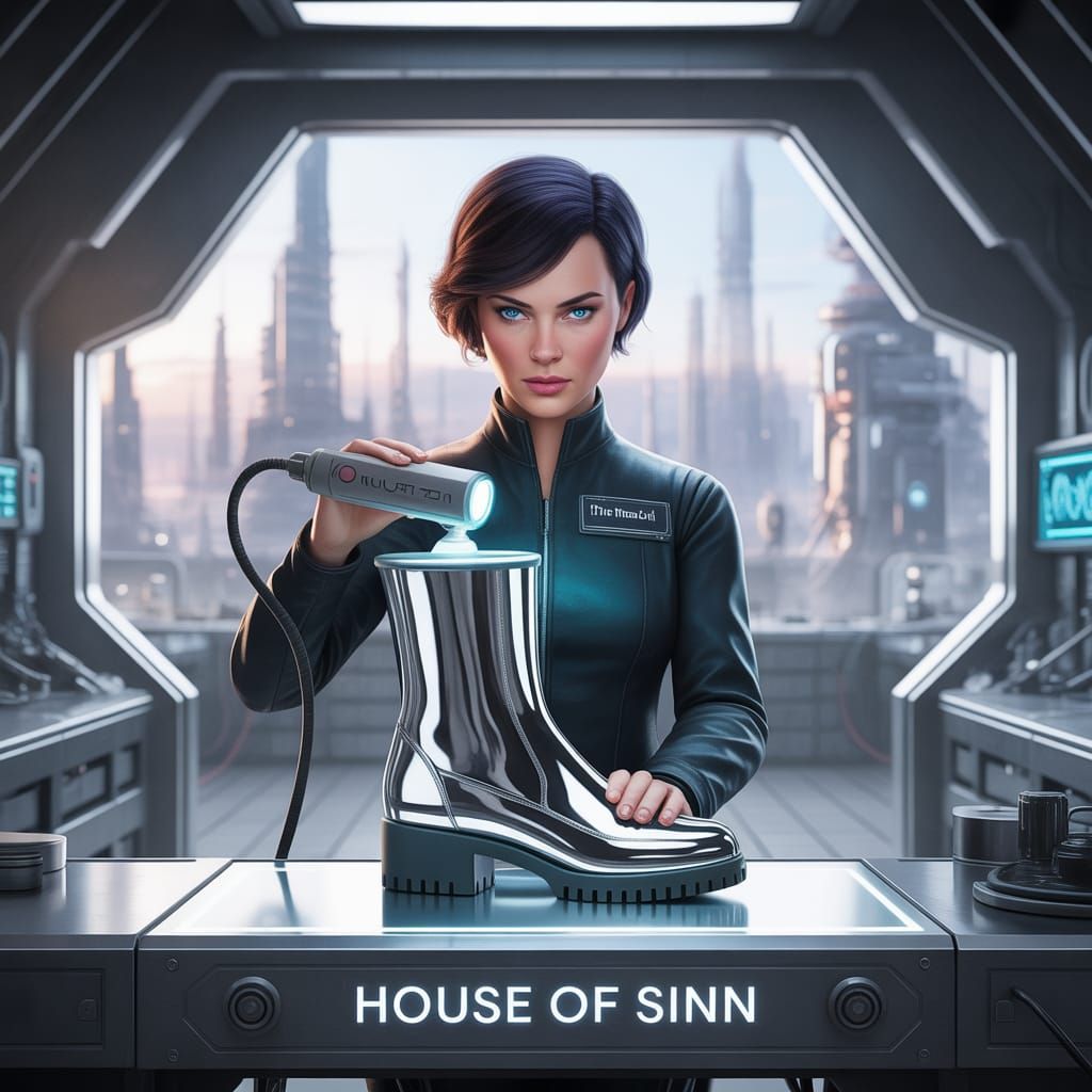 Cyberpunk Matriarch Polishing Futuristic Boot