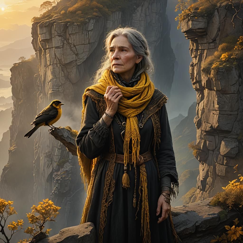 Sunrise Witch and Canary in Fantasy Landscape