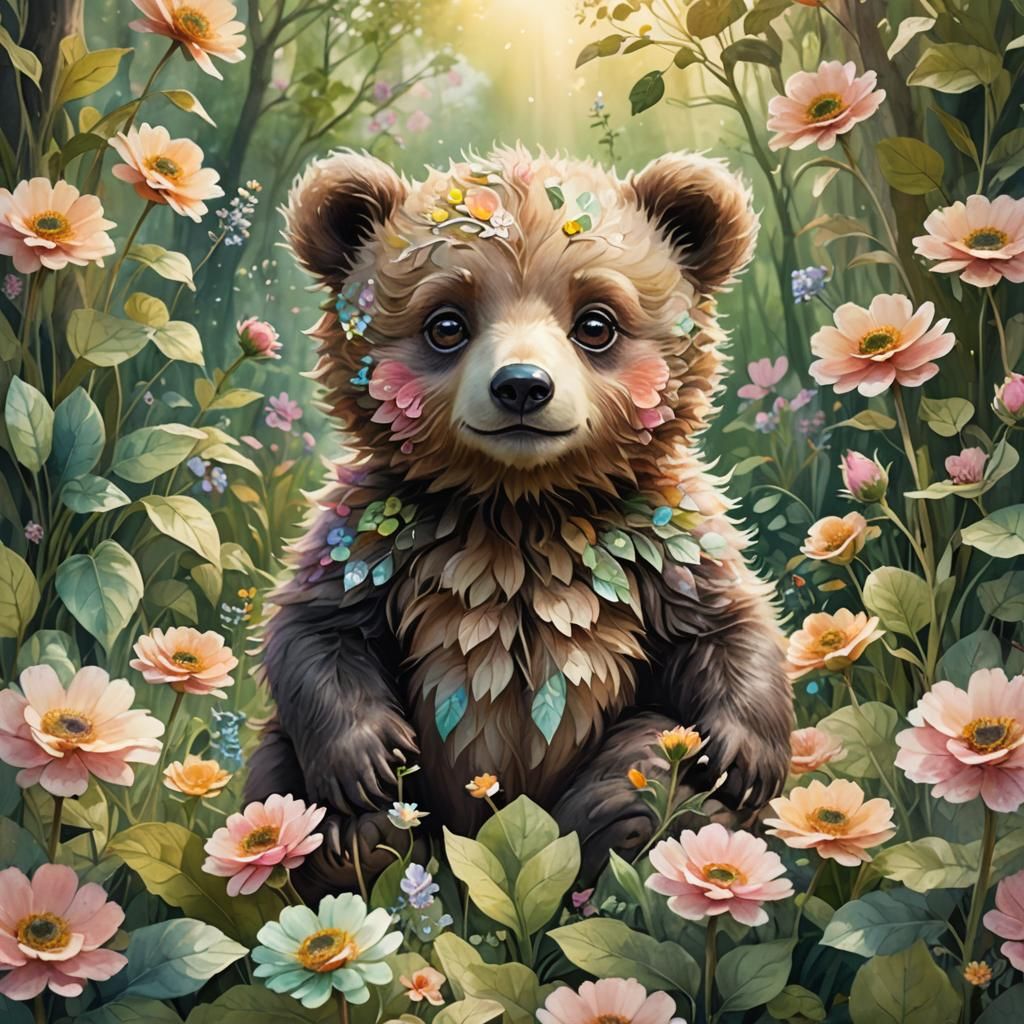 Cute Baby Bear in Magical Garden, Digital Art