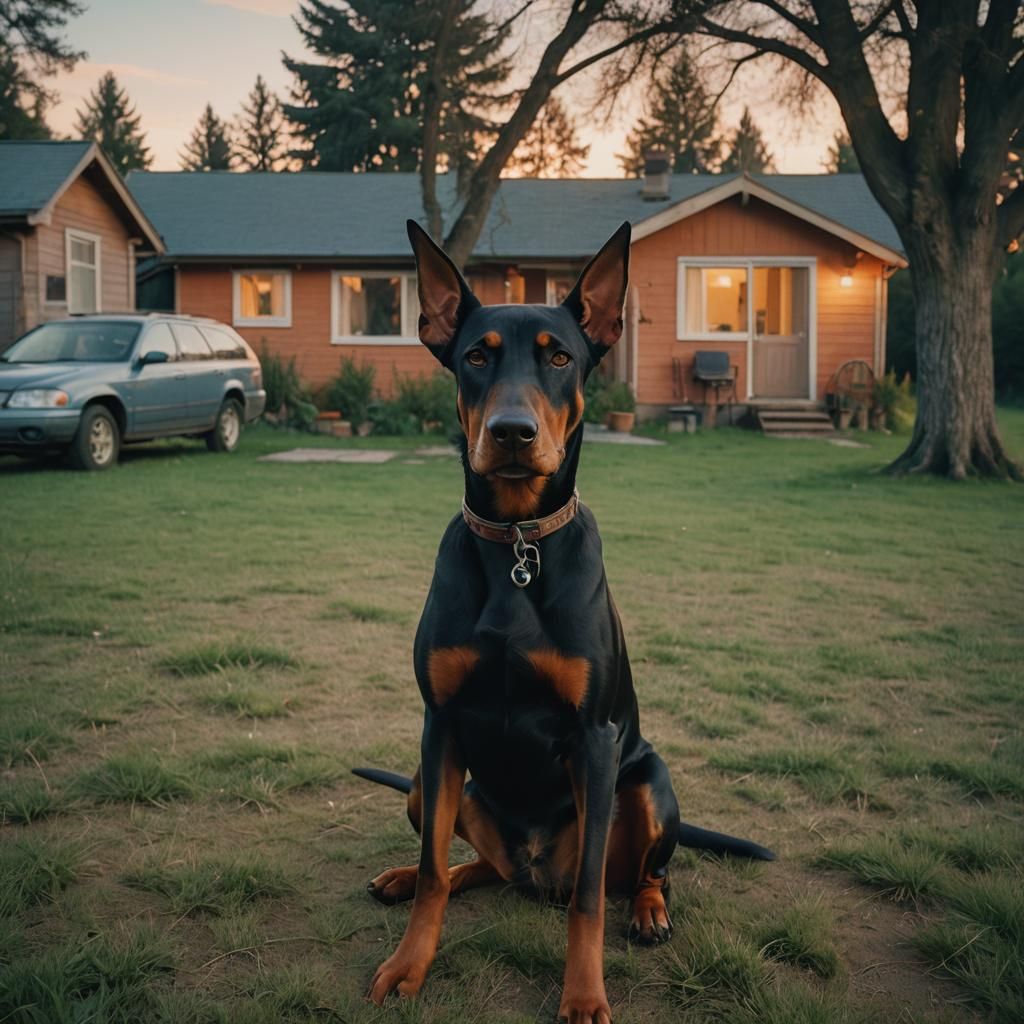 Doberman in Meadow at Dusk: Cinematic Film Still