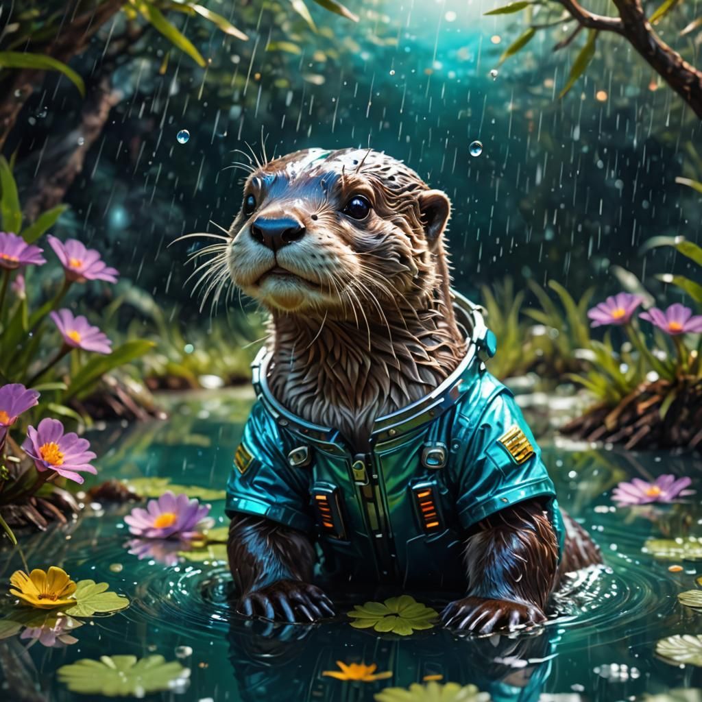 Cute adorable Otter, in a space suite, a alien lake,