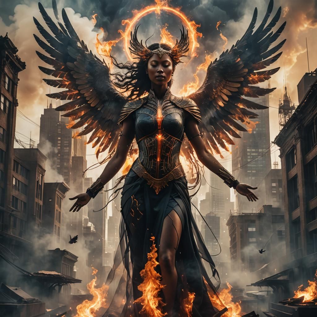 Double exposure Mythical black Phoenix influenced by Malefic...