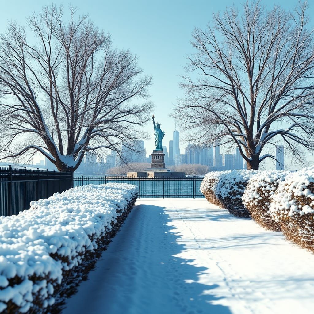 Statue of Liberty in Snowy New York Winter Wonderland