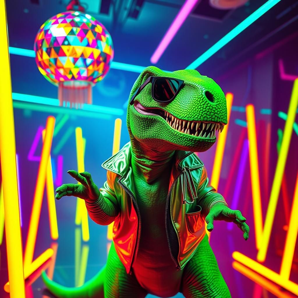 Electrifying T. Rex Dances in Neon Disco