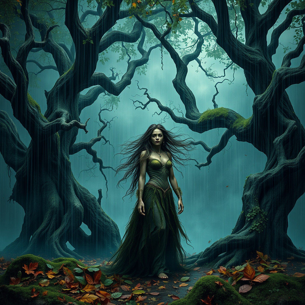 Mystical Forest Spirit in Rainy Clearing: Matte Painting