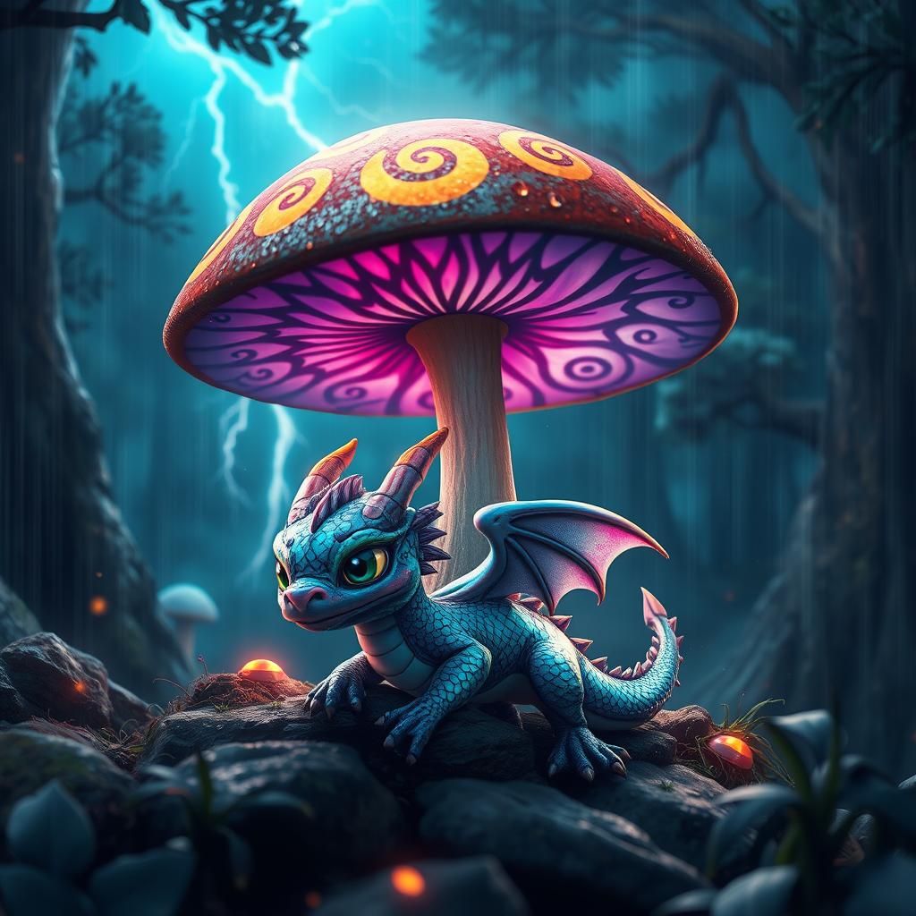 Adorable Dragon Hiding Under Mushroom in Anime Style