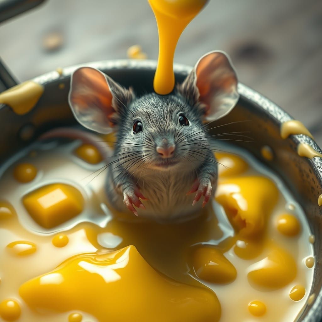 Hyperrealistic Mouse Swimming in Cheese Fondue