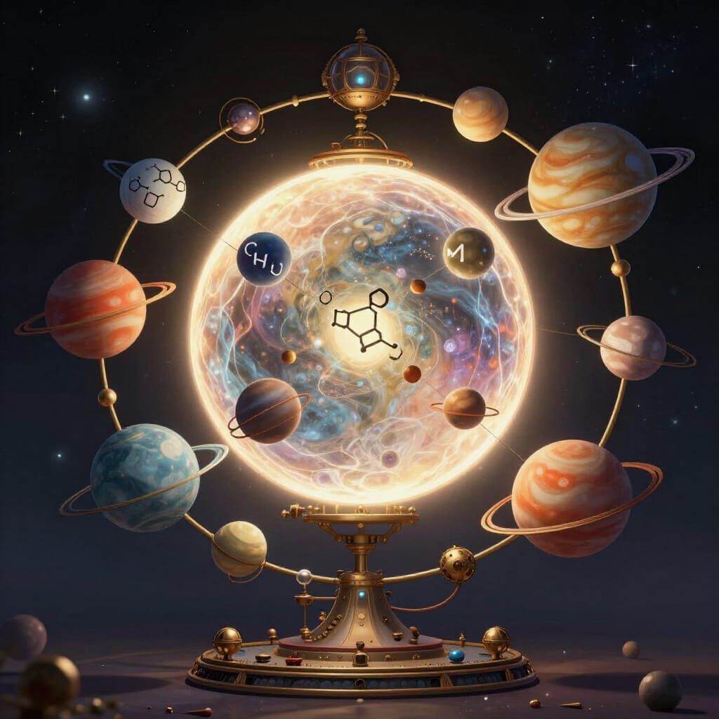 Steampunk Orrery of Cosmic Elements in Fantasy Style