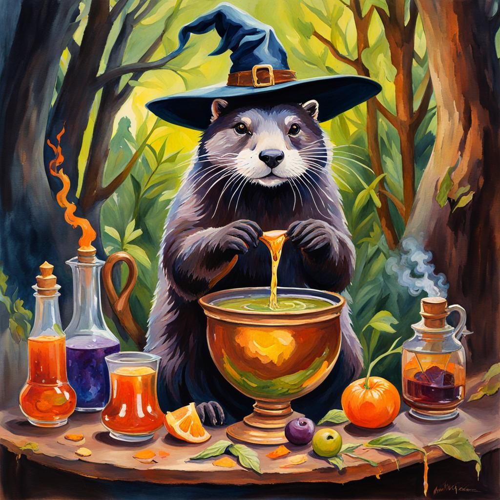 Otter Witch Brews Poison: Gouache Watercolor Masterpiece