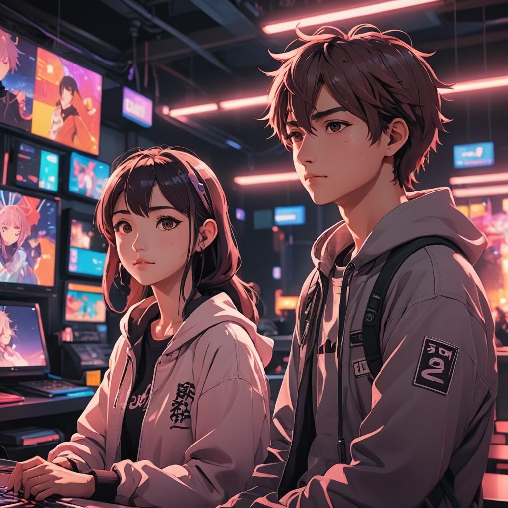 Anime Style Couple with Neon Lighting
