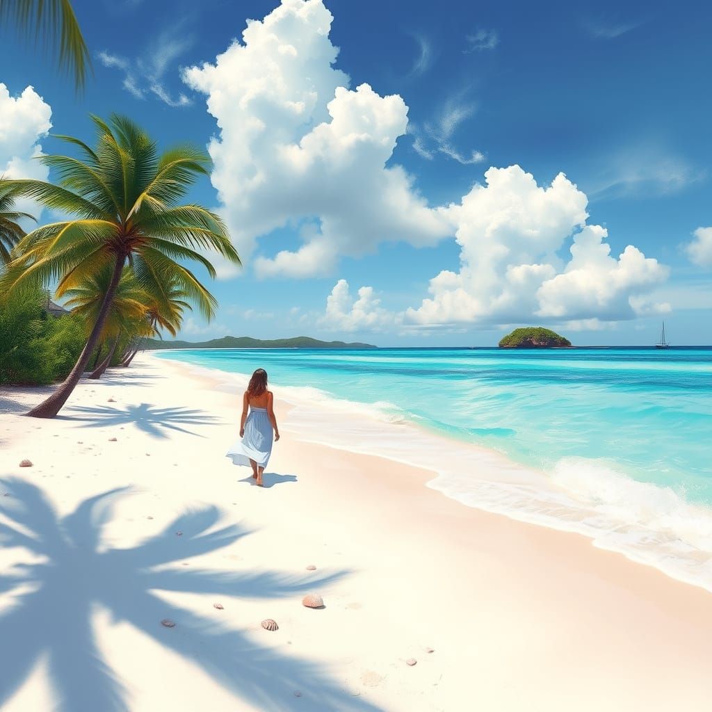 Tropical Beach Scene with Woman in Impressionist Style