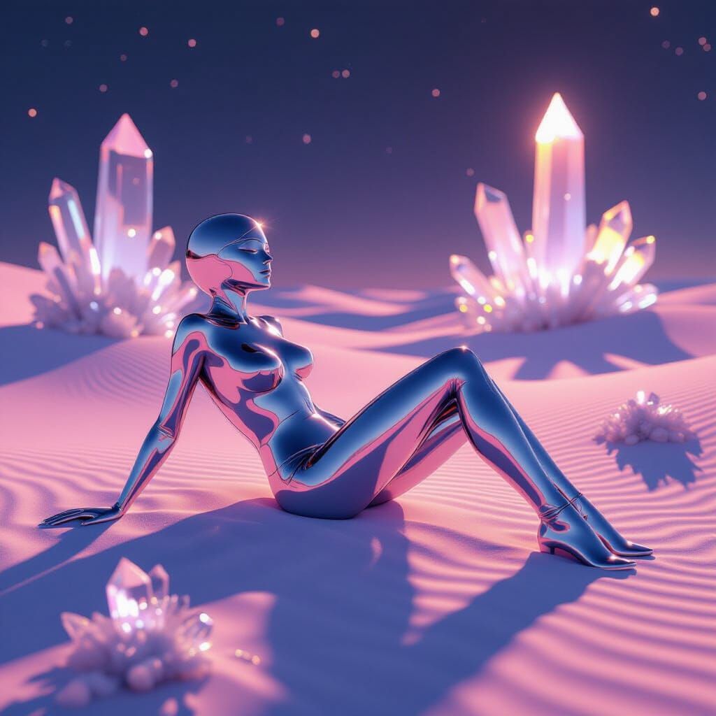 Chrome Figure on Luminous Desert Dunes