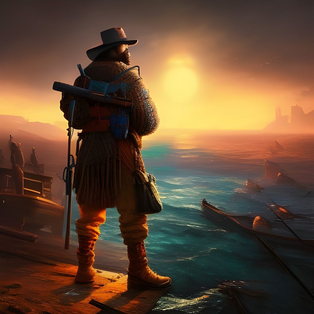 Fisherman in Cyberpunk Port, Van Gogh Style