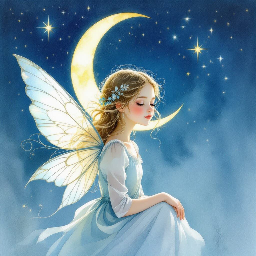 Ethereal Girl with Wings in Watercolor Style