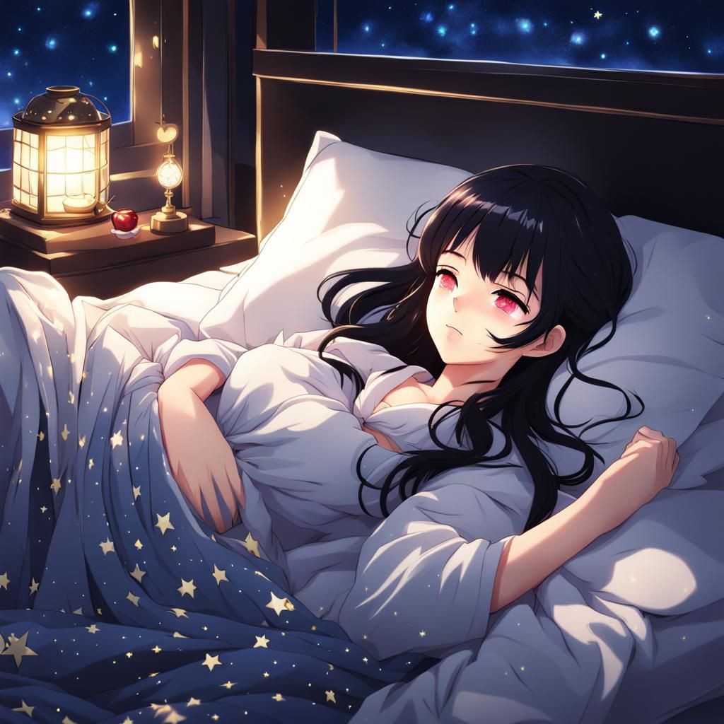 Anime Girl Sleeping in Starry Night Clothing