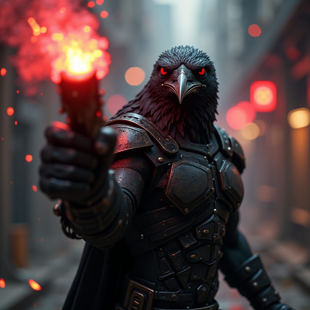 Anthropomorphic Crow Finger Gun with Fireball in Sci-Fi Styl...