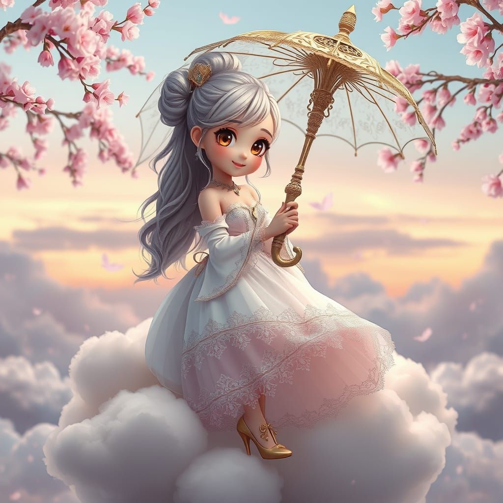 Anime Princess in Gothic Gown Flies on Clouds