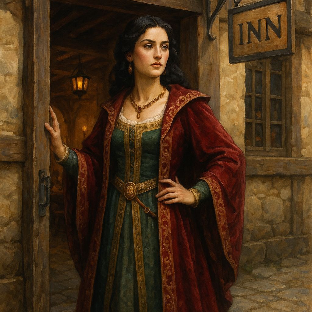 Medieval Noblewoman at a Bustling Inn Entrance
