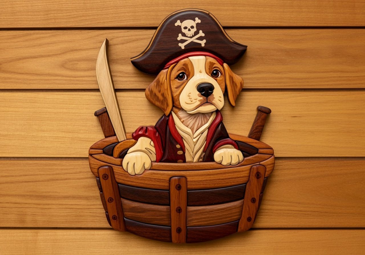 Intarsia Wood Art: Puppy Pirate in Crow's Nest