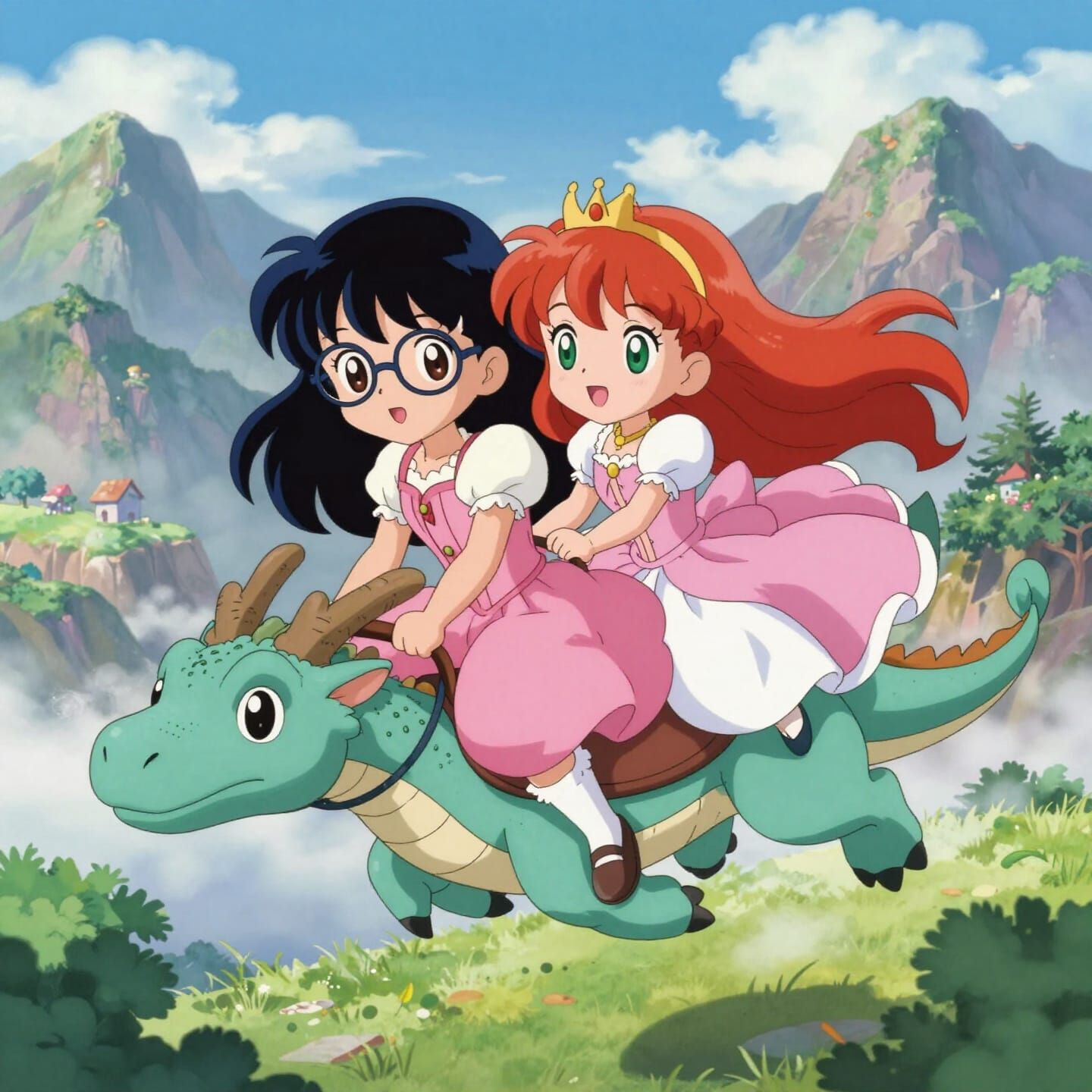 Chibi Manga Characters Ride Dragon to Fantasy Mountains