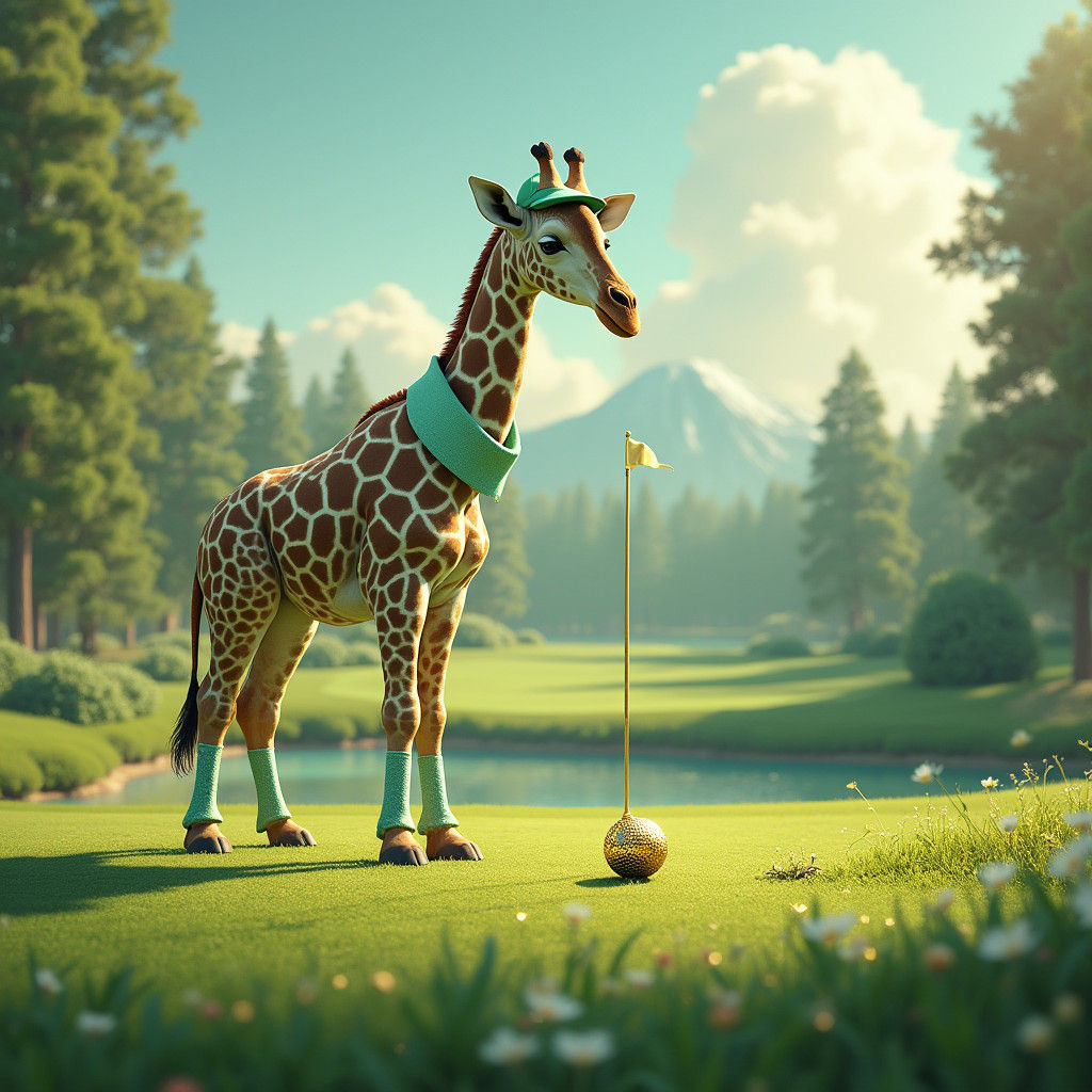 Giraffe Golfer in a Surreal Gold Landscape