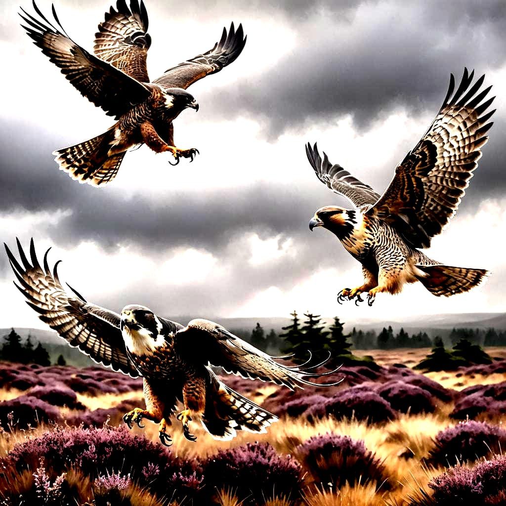 Peregrine Falcon Hunting Grouse with Dogs