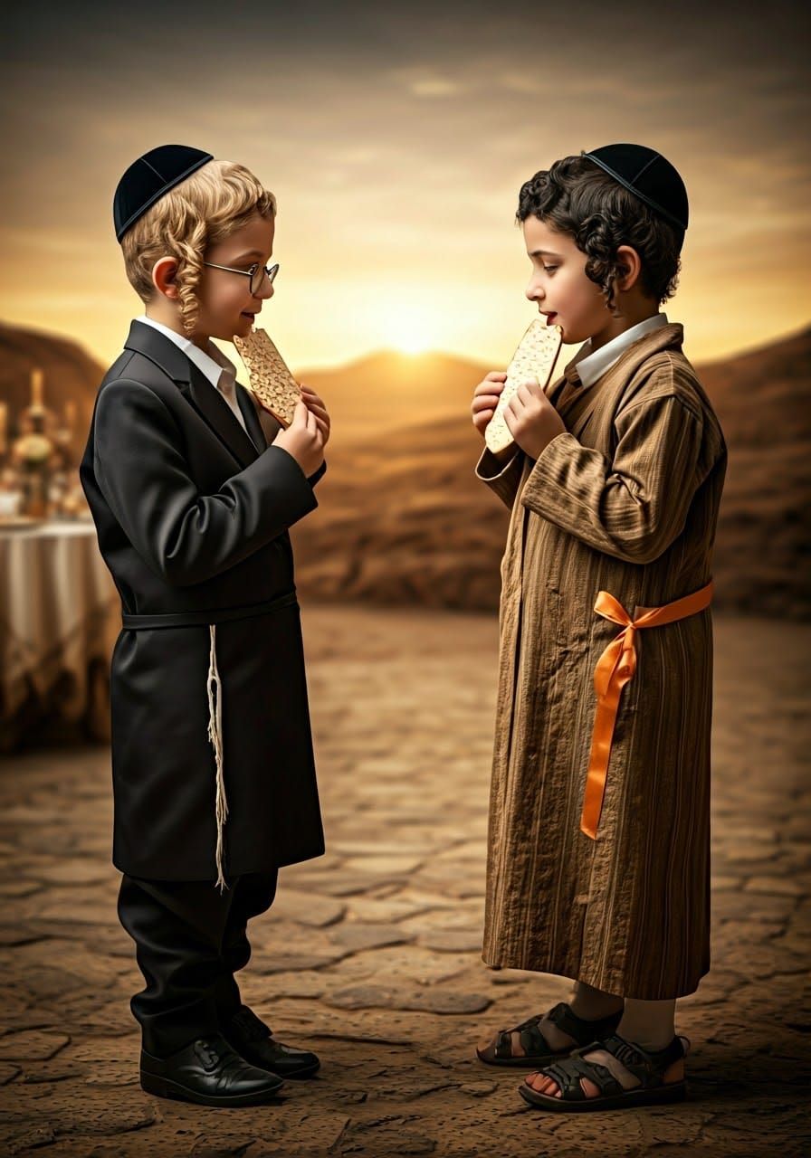 Realistic Portrait of Two Young Hasidic Boys in Profile
