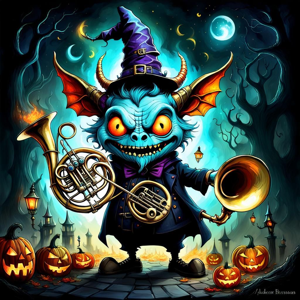 Horned Demon's French Horn: A Quirky, Dark Illustration