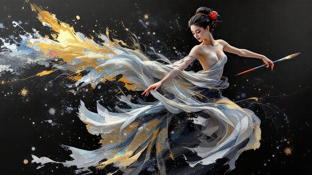 Japanese Princess Dancing with Giant Brush, Iridescent Calli...