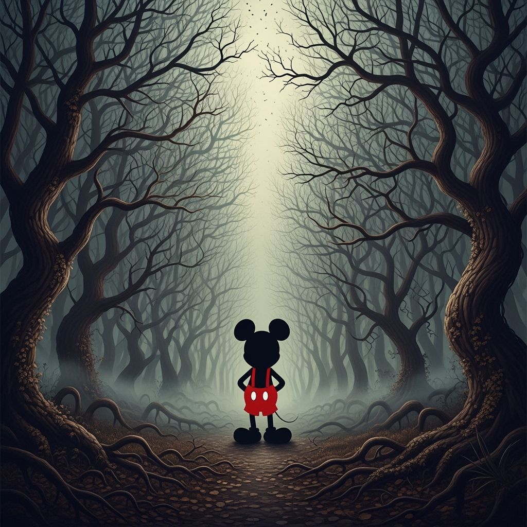 Mickey Silhouette in Gothic Forest, Eerie Art
