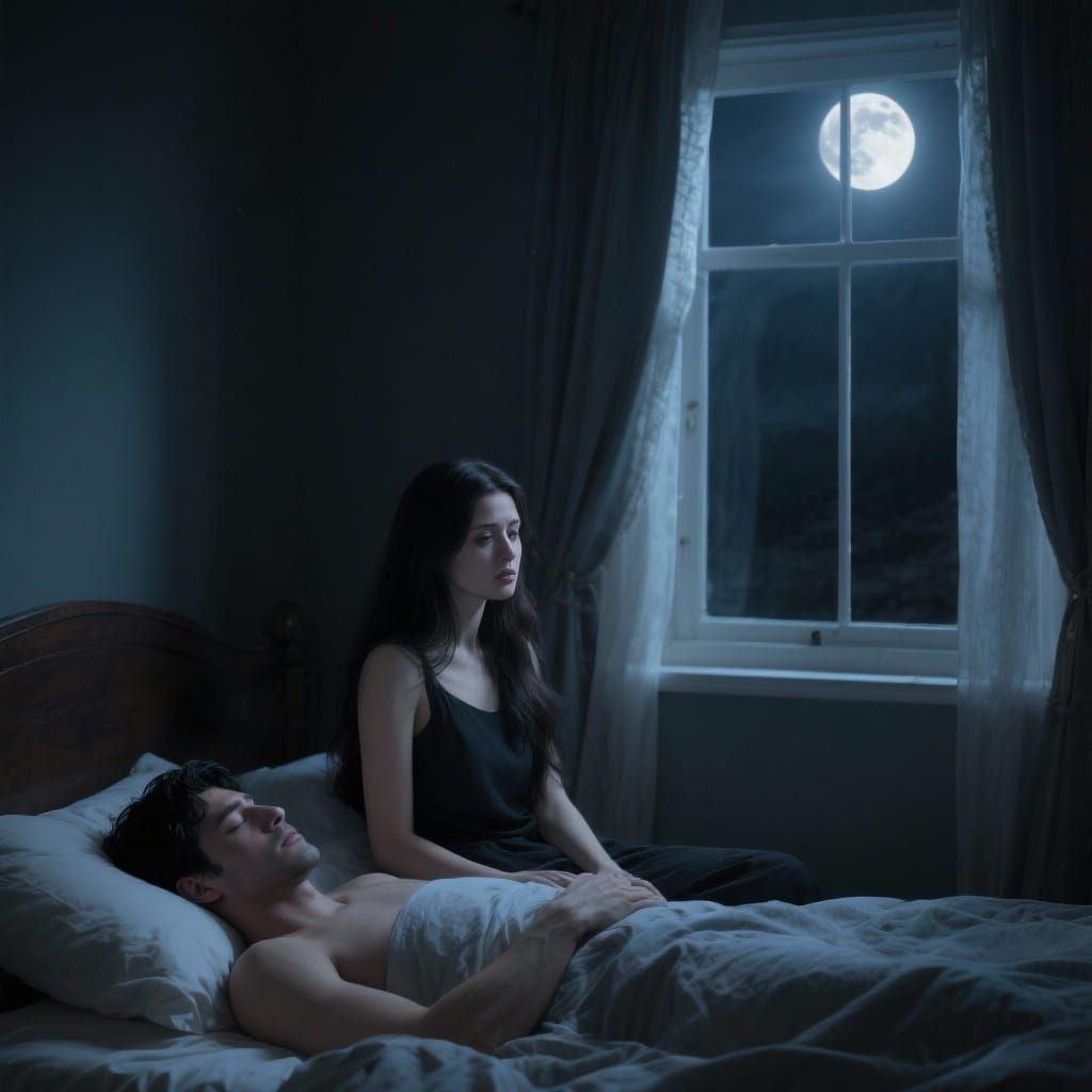 Moonlit Bedroom Scene: Troubled Woman Beside Sleeping Man