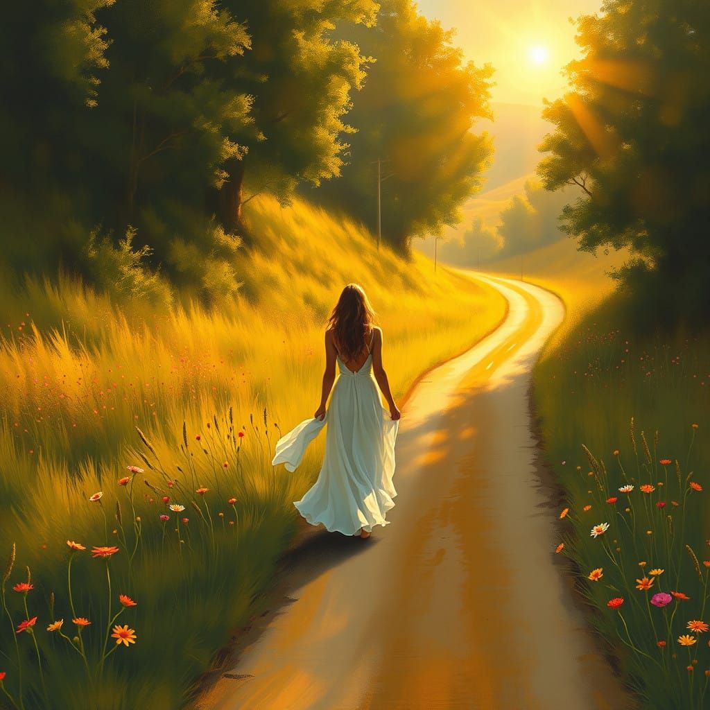 A Serene Woman Walks Along a Golden Road to Enchanted Realms