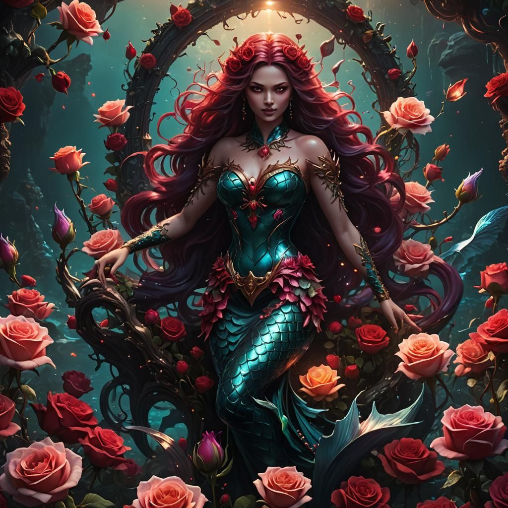 Evil Mermaid in a Rose Garden: Fantasy Art