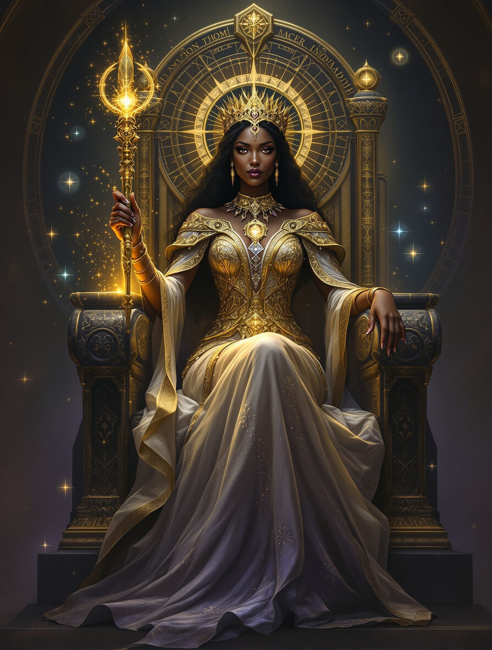 Regal Black Queen on Crystal Throne in Ethereal Fantasy