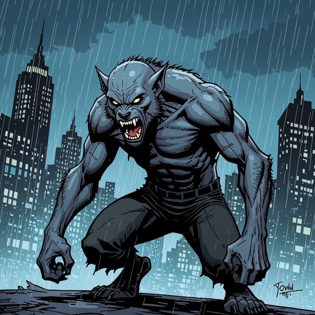 Gritty Comic Book Hairless Werewolf in Rainy City