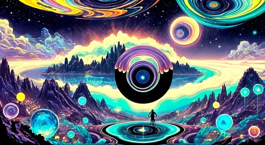 Spiraling City Optical Illusion in Dreamlike Style