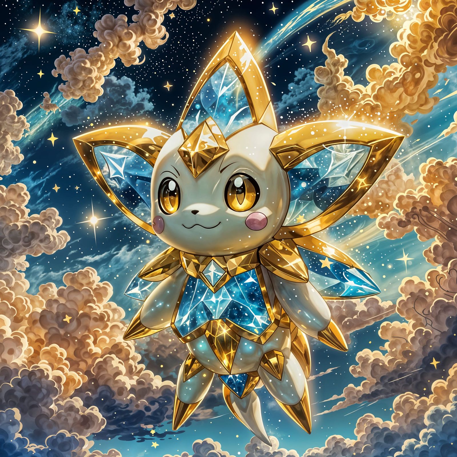 Jirachi Floats Through Pastel Sky: 3D Cel-Shaded Render