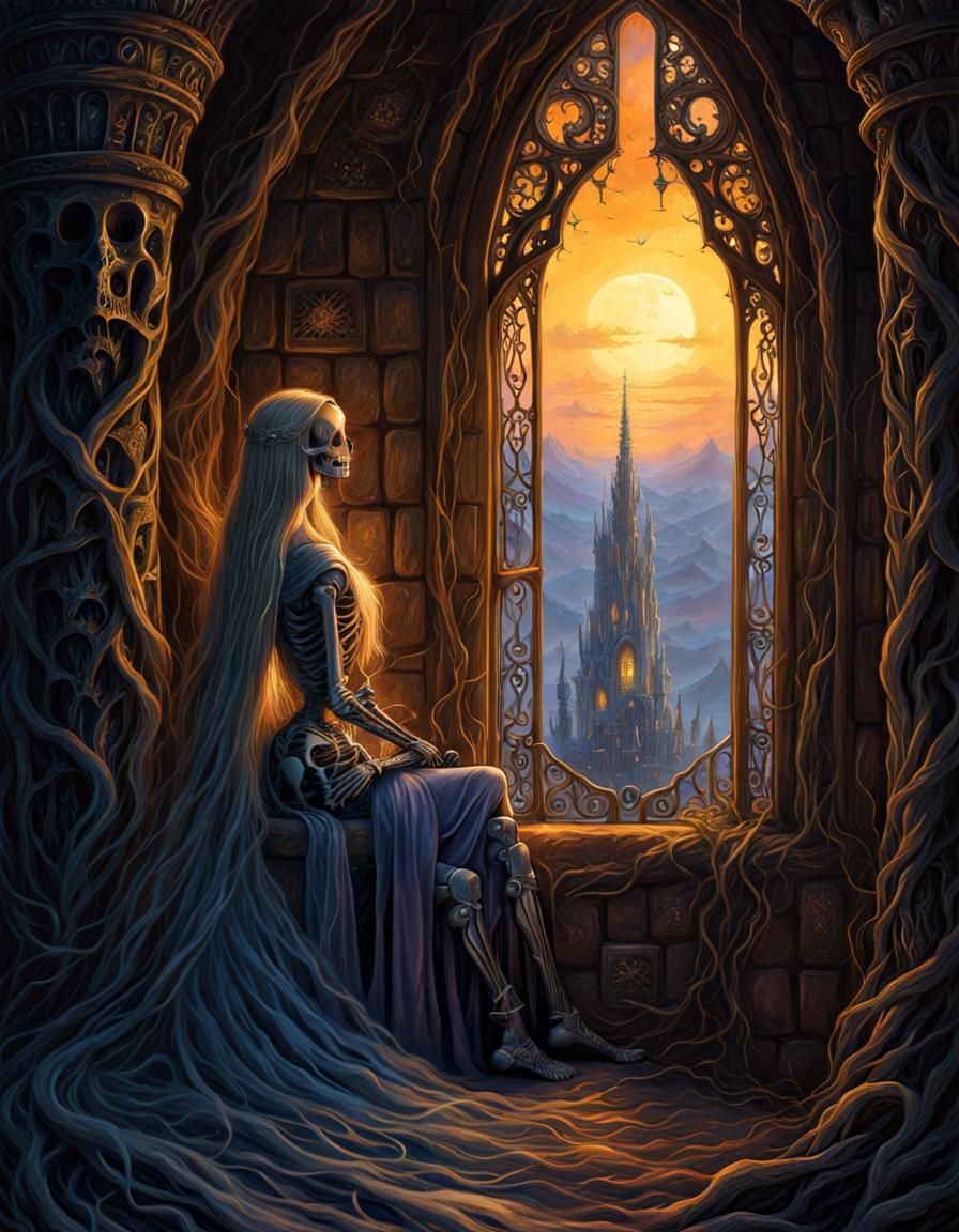 Skeleton Rapunzel in Tower: Sinister Fairytale Horror