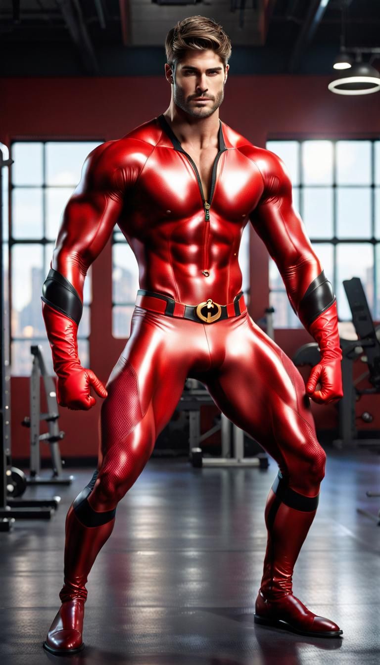 Muscular Man in Mr. Incredible Suit in Gym