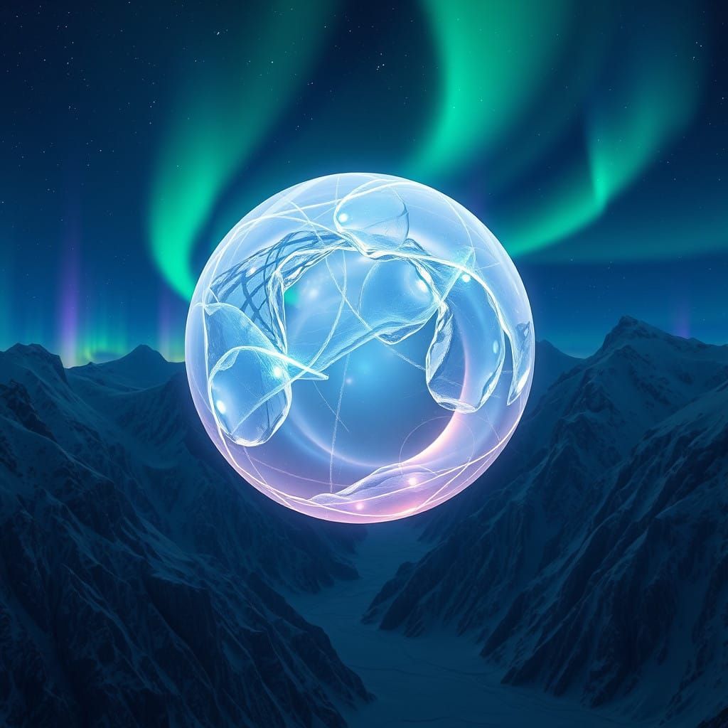 Ethereal Ice Globe Amidst Aurora Borealis