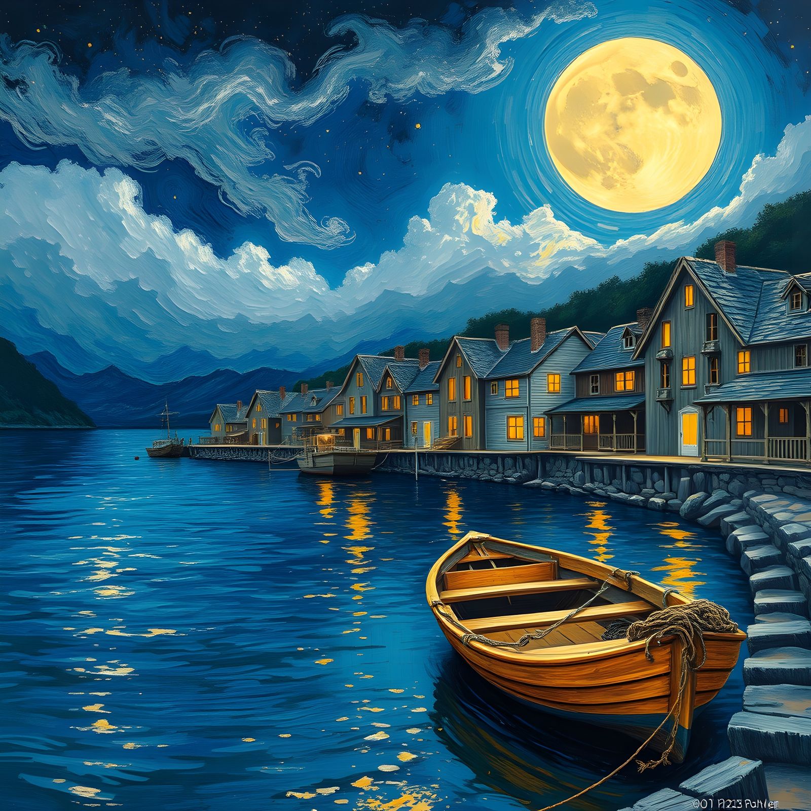Coastal Village Lit by Full Moon