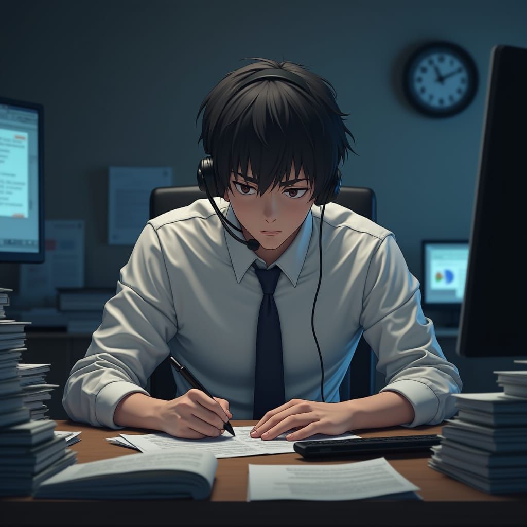 Young Man Works Late in Call Center, Inspired by Anime and C...