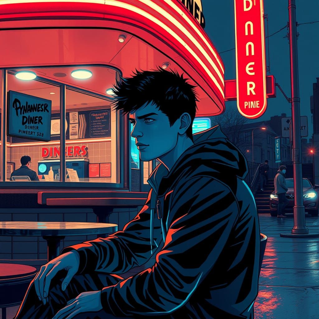 Cyberpunk Specter Outside a Futuristic Diner