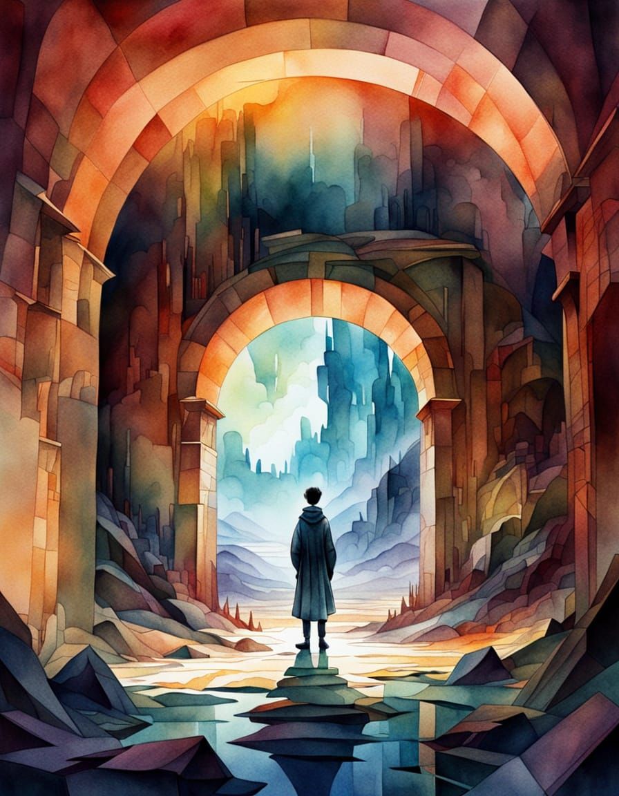 Mystical Landscape with Figure in Watercolor Illustration