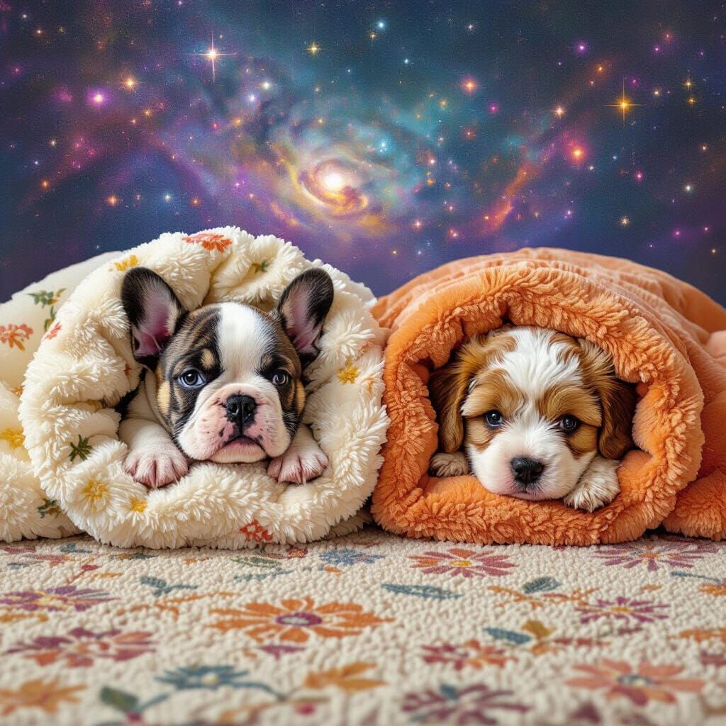 Adorable Puppies on Cosmic Rugs in Astral Illustration